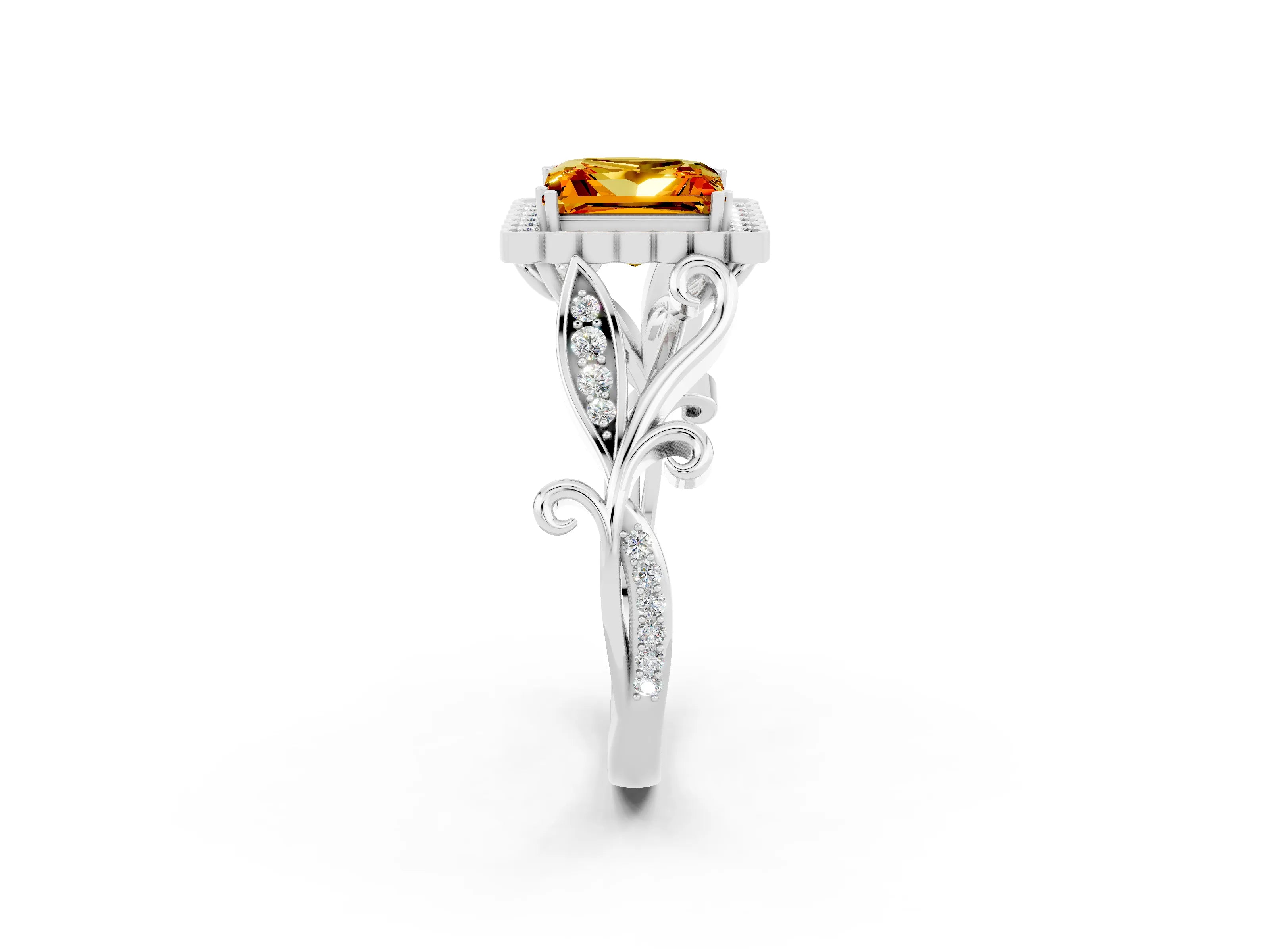 White gold Princess Cut Citrine Halo Ring with Vintage Split Shank and Four-Prong Setting_26
