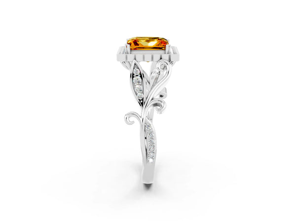 Platinum Princess Cut Citrine Halo Ring with Vintage Split Shank and Four-Prong Setting