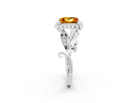 White gold Princess Cut Citrine Halo Ring with Vintage Split Shank and Four-Prong Setting_26