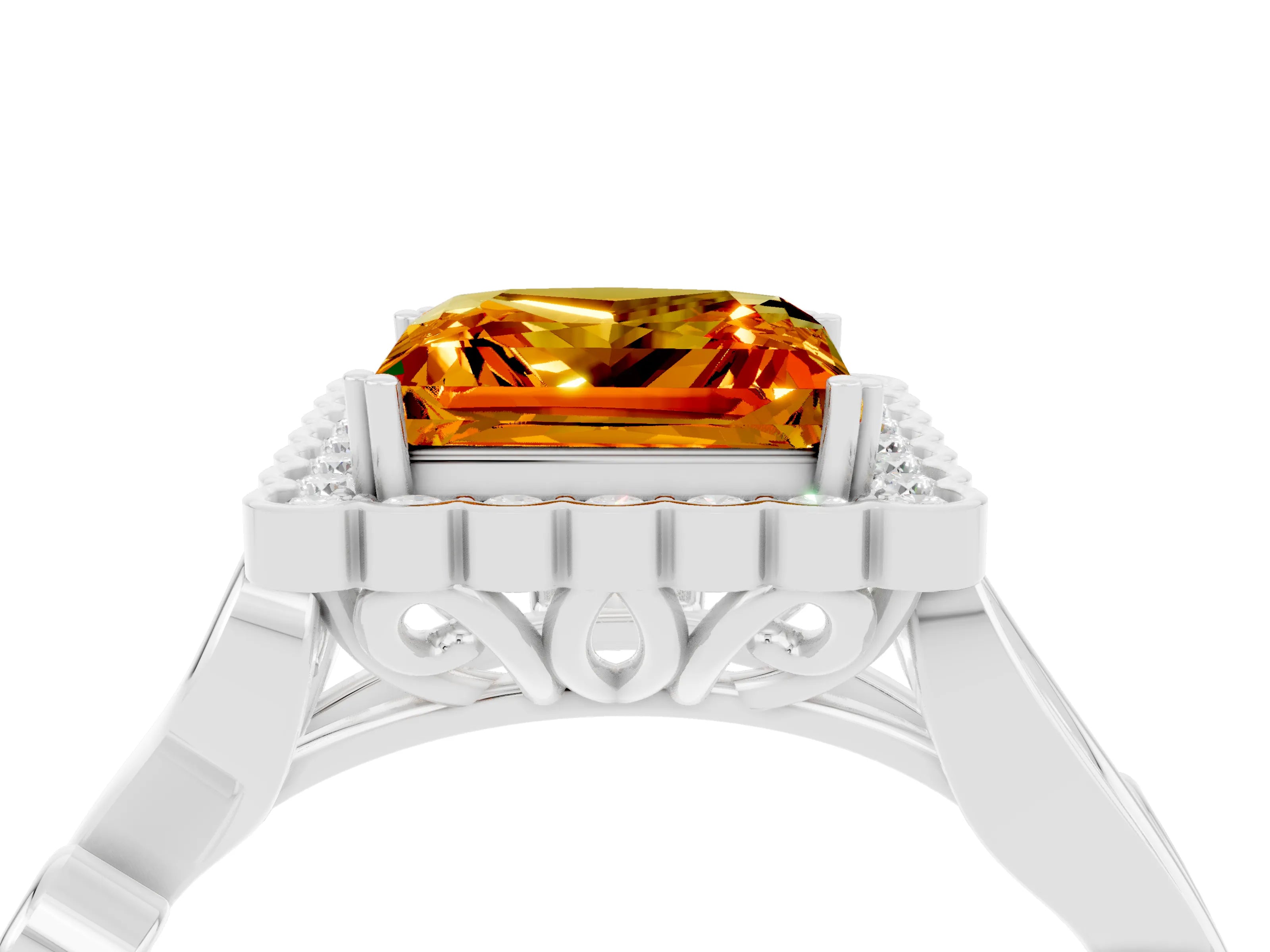 White gold Princess Cut Citrine Halo Ring with Vintage Split Shank and Four-Prong Setting_28