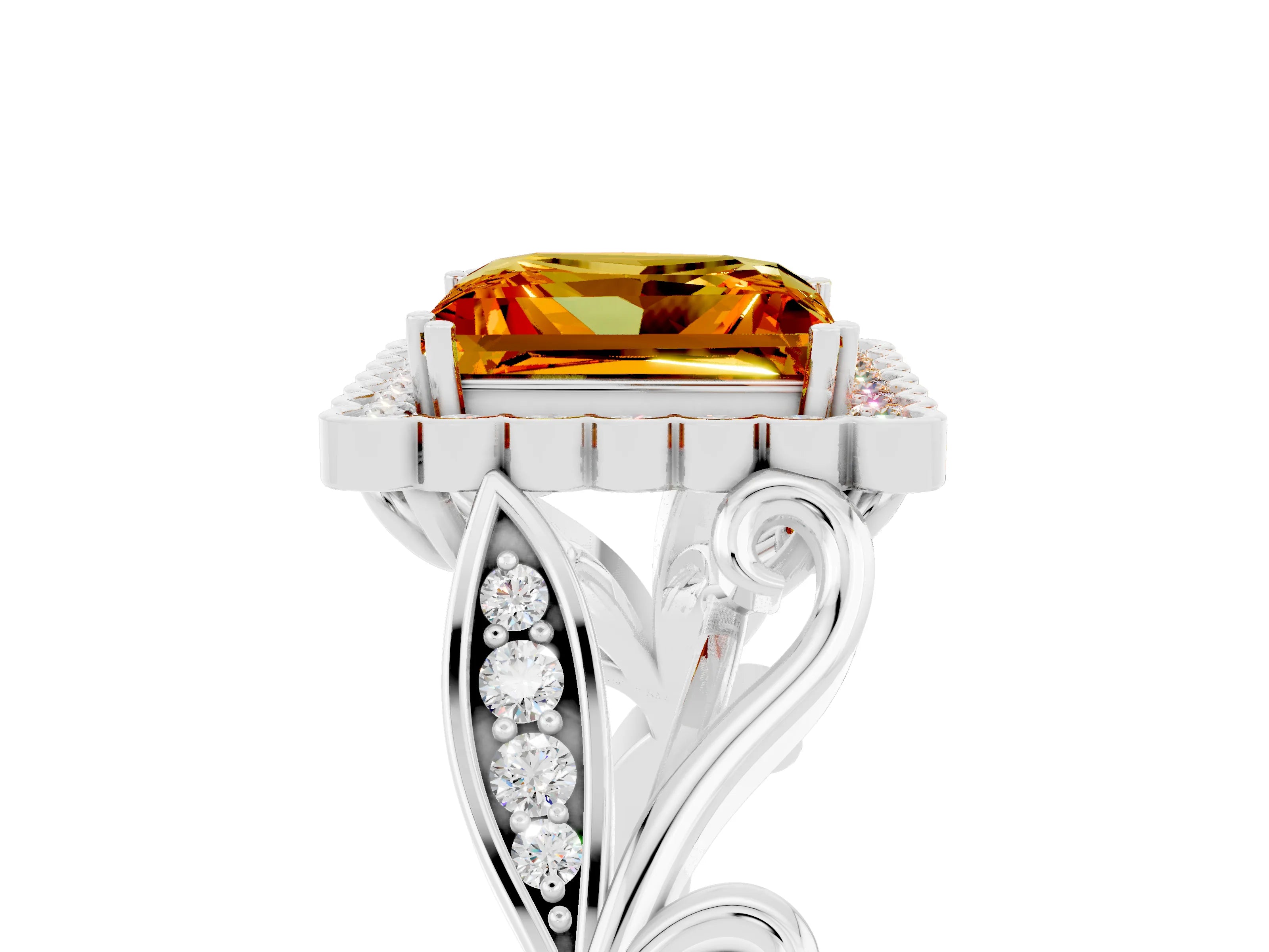 White gold Princess Cut Citrine Halo Ring with Vintage Split Shank and Four-Prong Setting_29