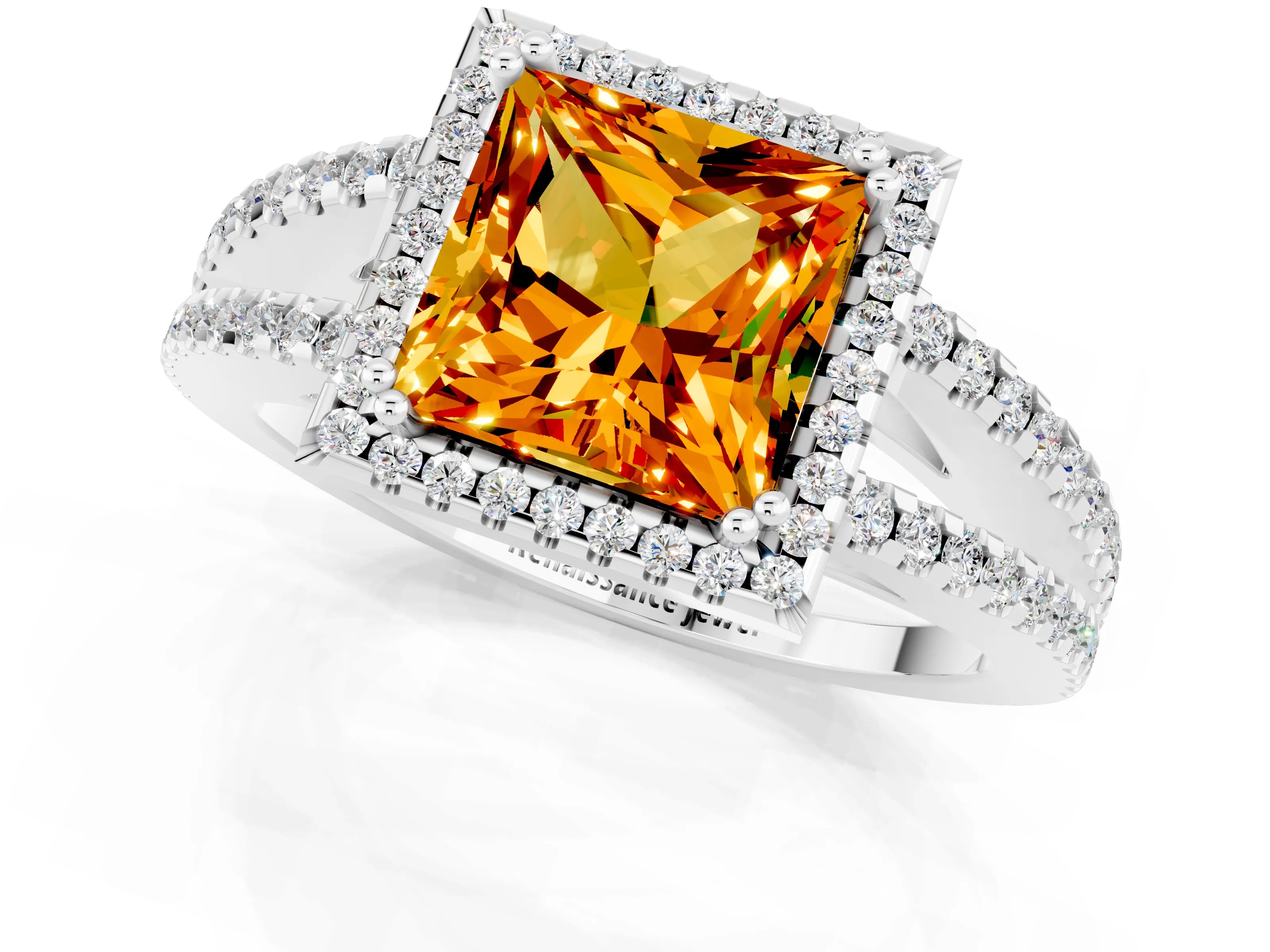 White gold Princess Cut Citrine Halo Split Shank Engagement Ring_13