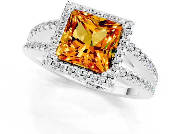 White gold Princess Cut Citrine Halo Split Shank Engagement Ring
