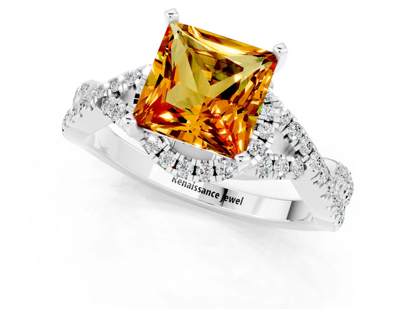 Platinum Princess Cut Citrine  Halo Twist Band Solitaire Prong Setting Ring