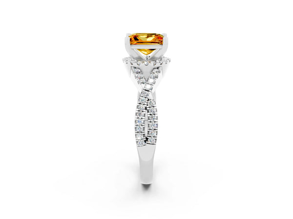 Platinum Princess Cut Citrine  Halo Twist Band Solitaire Prong Setting Ring