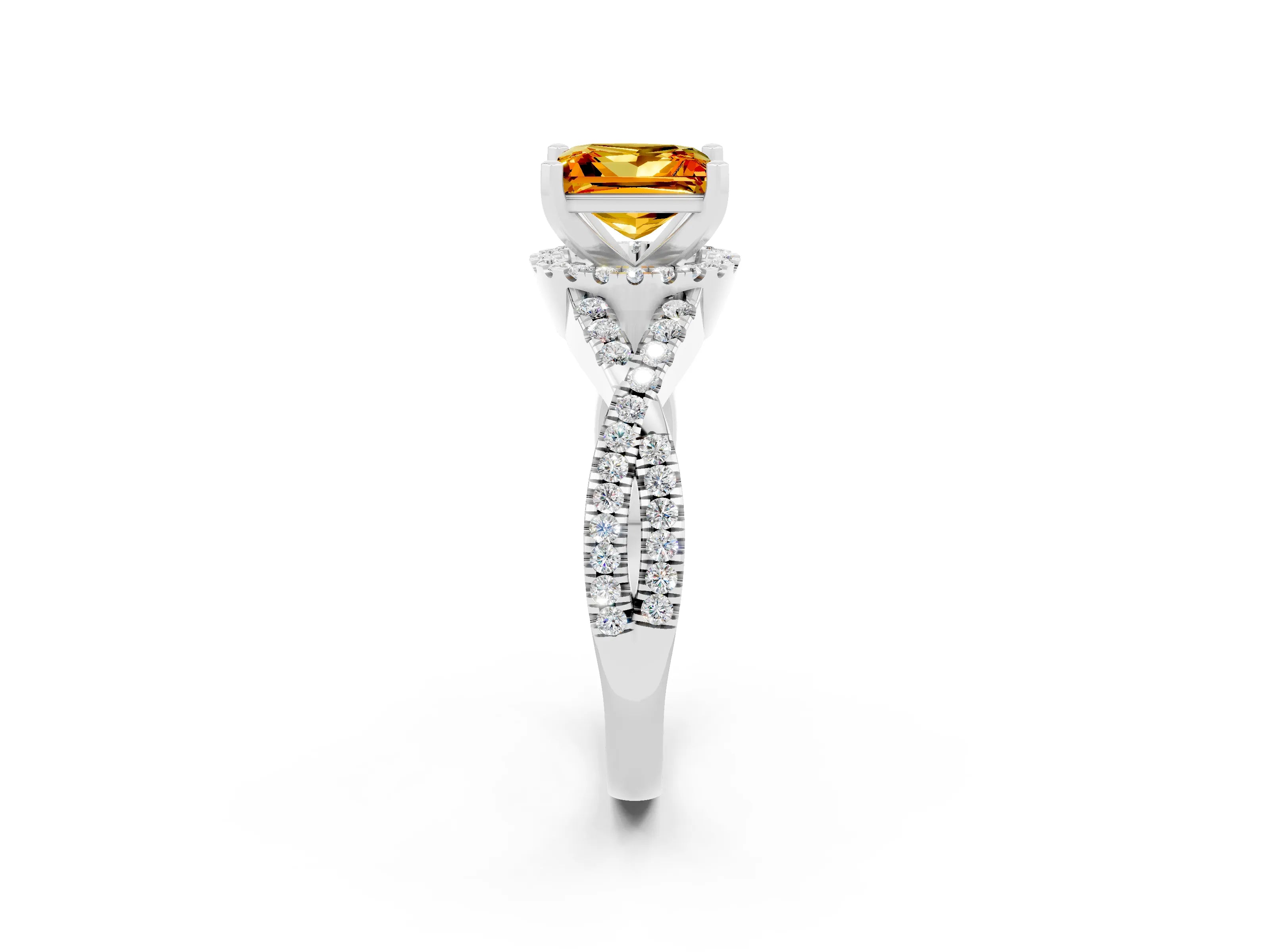 White gold Princess Cut Citrine Halo Twist Band Solitaire Prong Setting Ring_2