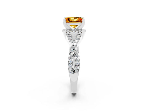 White gold Princess Cut Citrine Halo Twist Band Solitaire Prong Setting Ring_2