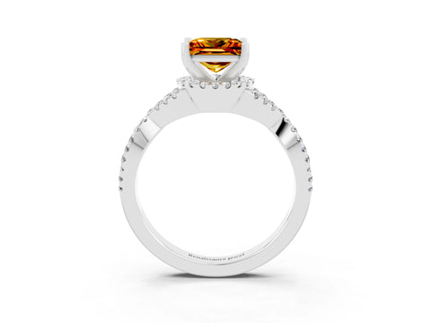 White gold Princess Cut Citrine Halo Twist Band Solitaire Prong Setting Ring_3