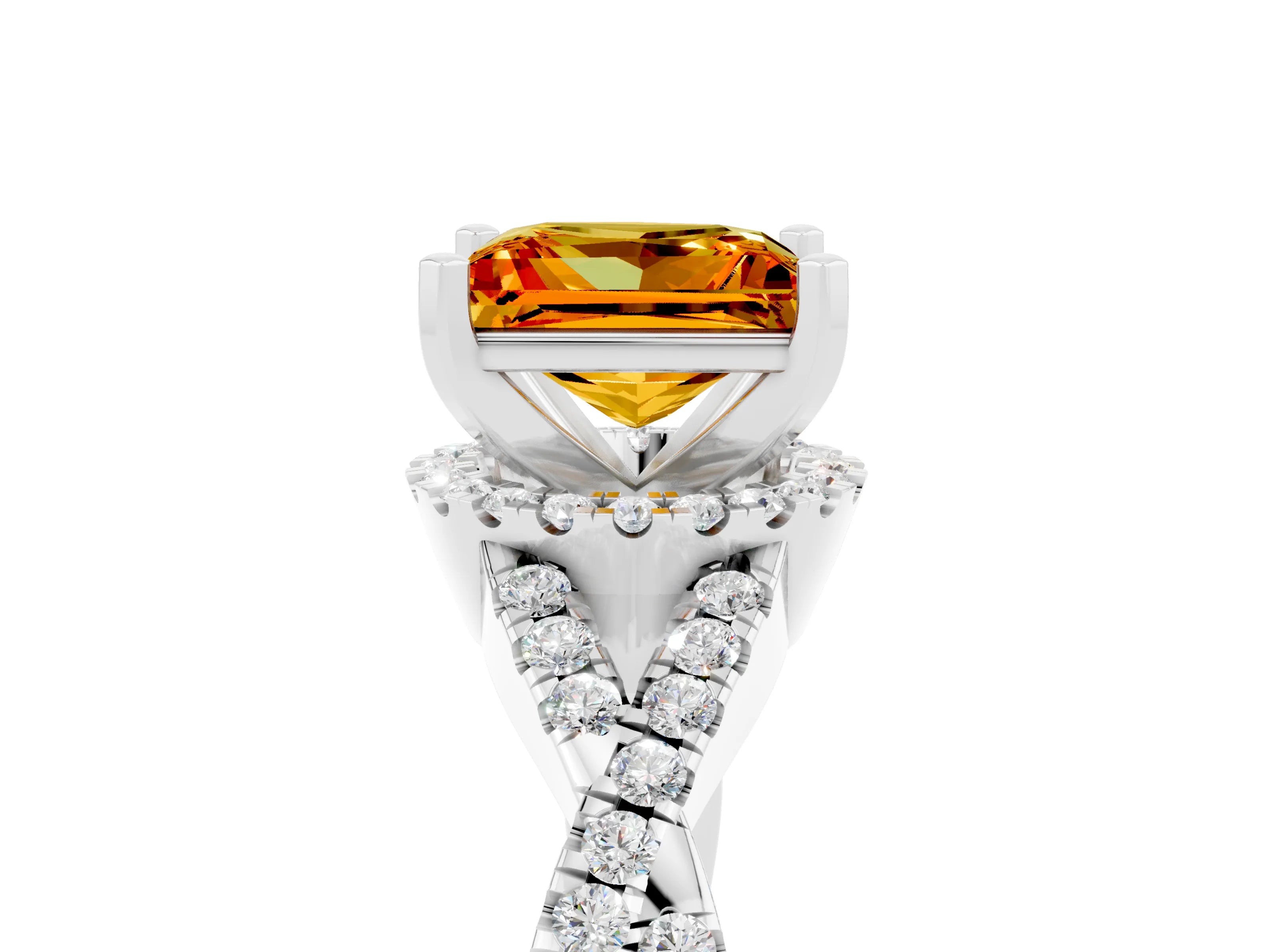 White gold Princess Cut Citrine Halo Twist Band Solitaire Prong Setting Ring_5