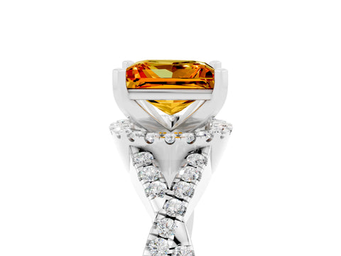 White gold Princess Cut Citrine Halo Twist Band Solitaire Prong Setting Ring_5