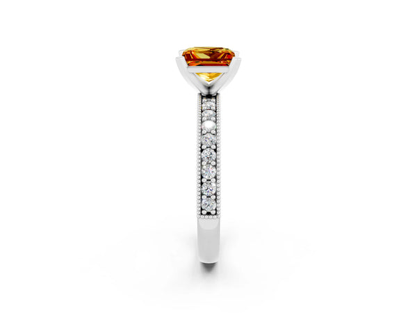 Platinum Princess Cut Citrine Milgrain Pavé Engagement Ring with Four-Prong Setting