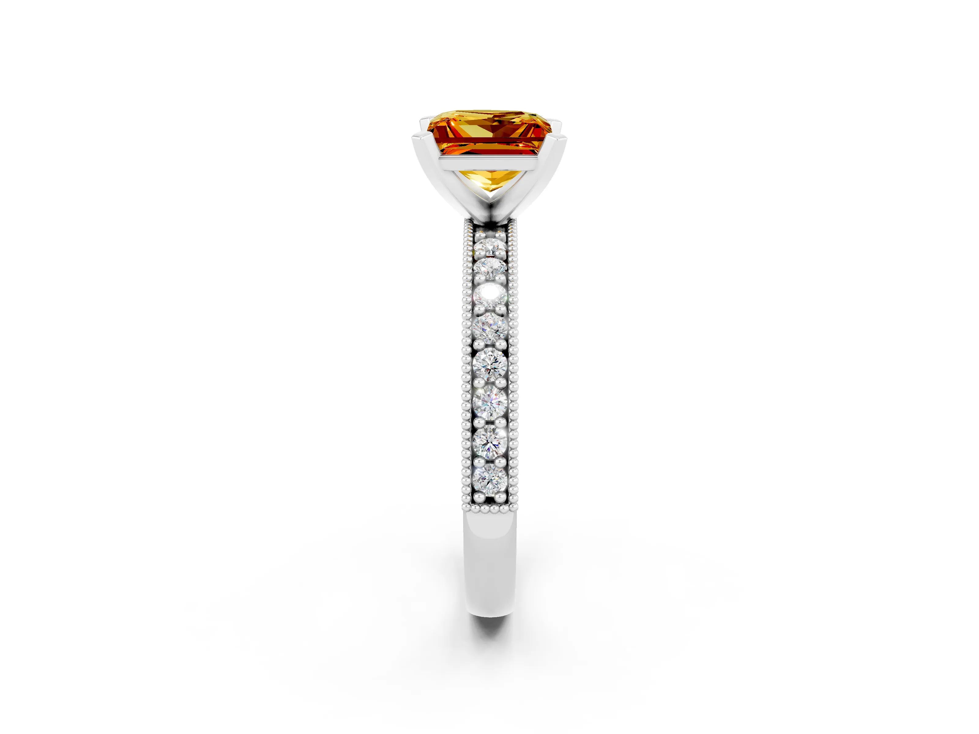 White gold Princess Cut Citrine Milgrain Pavé Engagement Ring with Four-Prong Setting_14