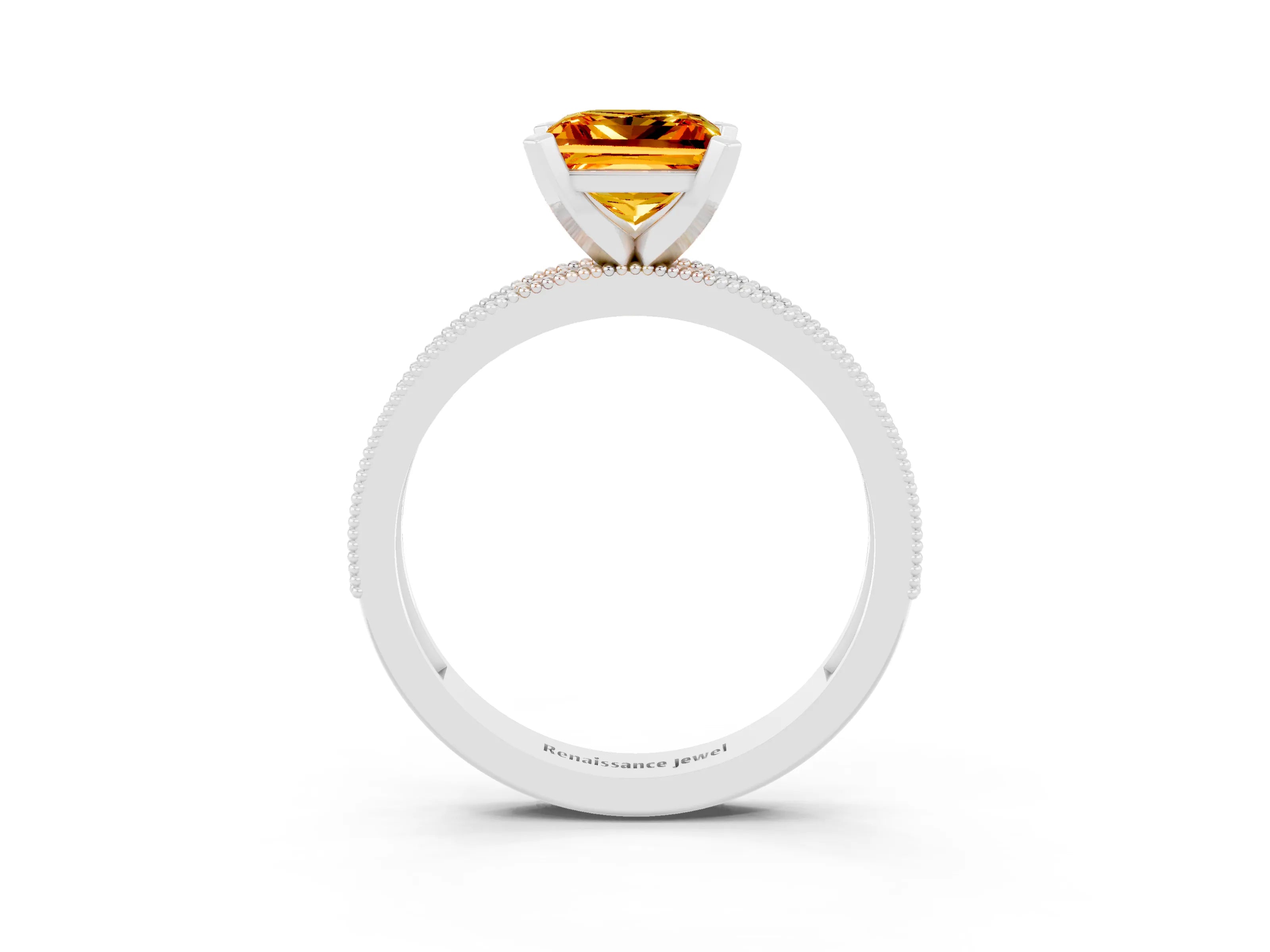 White gold Princess Cut Citrine Milgrain Pavé Engagement Ring with Four-Prong Setting_15