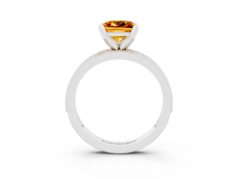 White gold Princess Cut Citrine Milgrain Pavé Engagement Ring with Four-Prong Setting_15