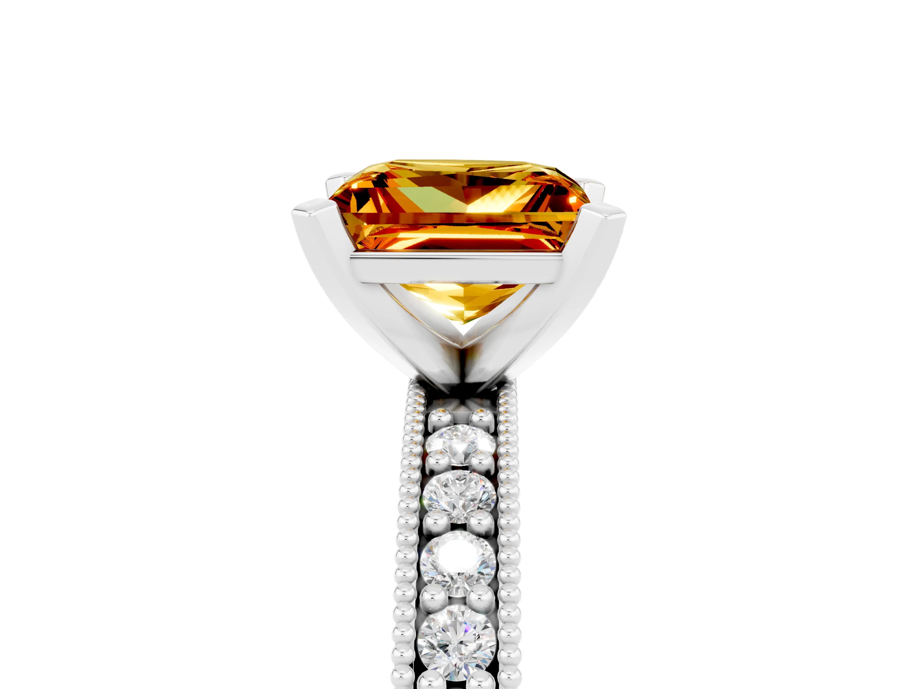 White gold Princess Cut Citrine Milgrain Pavé Engagement Ring with Four-Prong Setting_17