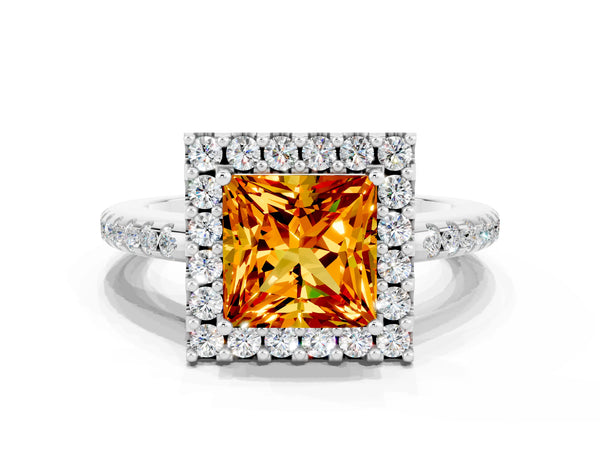 Platinum Princess Cut Citrine Pavé Halo Ring with Four-Prong Setting