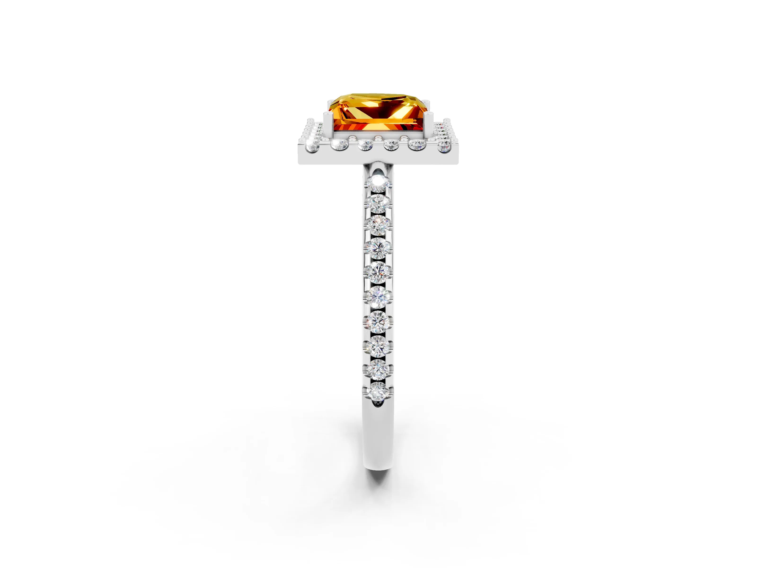 White gold Princess Cut Citrine Pavé Halo Ring with Four-Prong Setting_14