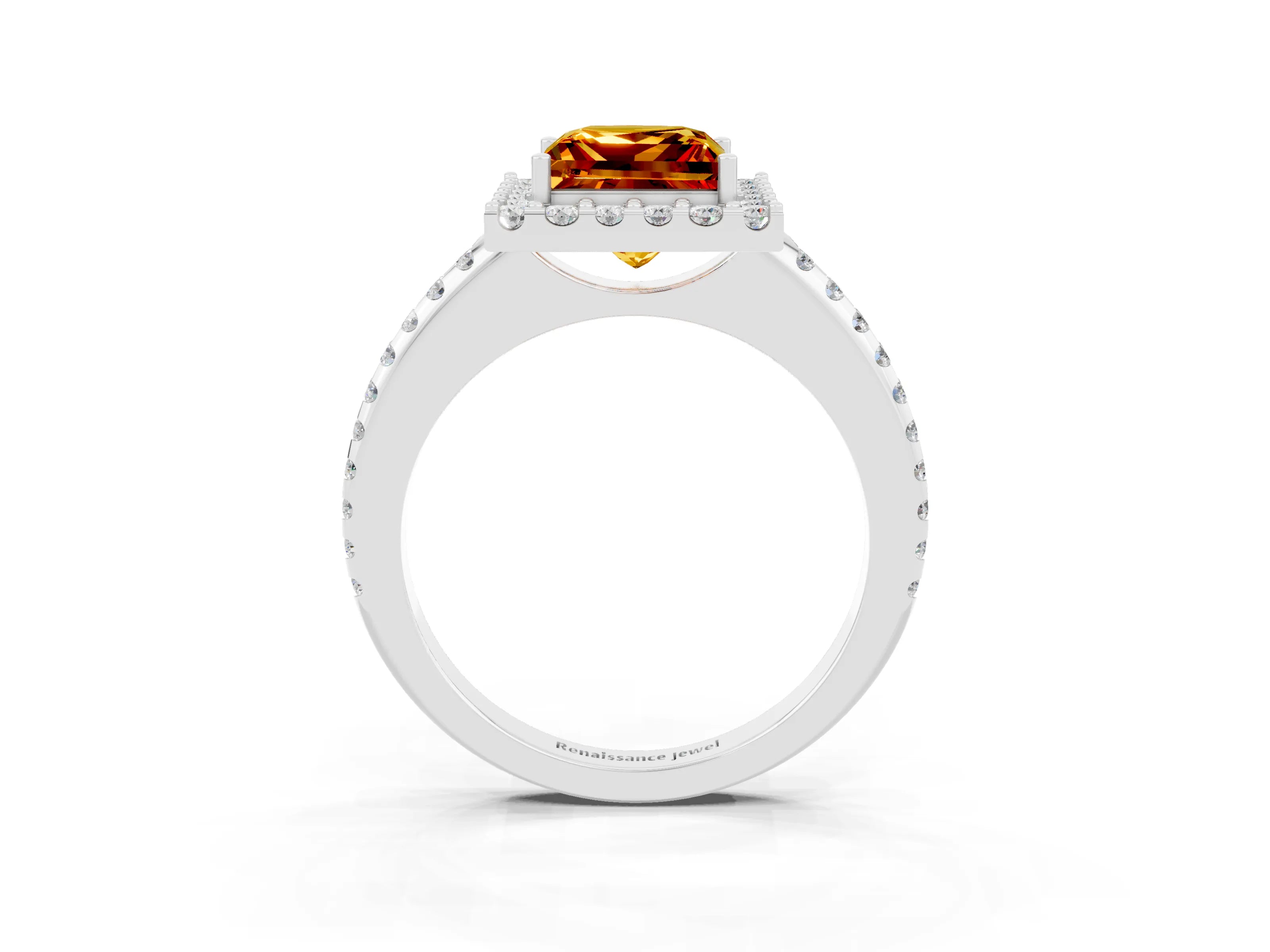 White gold Princess Cut Citrine Pavé Halo Ring with Four-Prong Setting_15