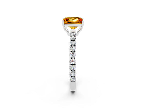 White gold Princess Cut Citrine Pavé Solitaire Engagement Ring with Four-Prong Setting