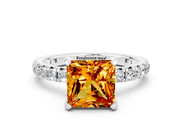 Silver Princess Cut Citrine Pavé Solitaire Ring with Round Band and Prong Setting