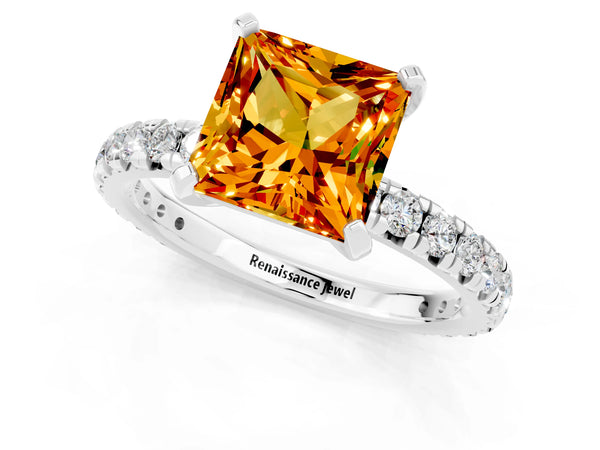 Silver Princess Cut Citrine Pavé Solitaire Ring with Round Band and Prong Setting