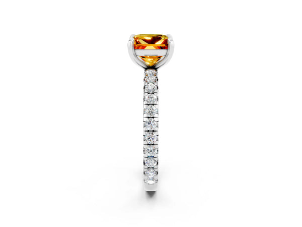 Silver Princess Cut Citrine Pavé Solitaire Ring with Round Band and Prong Setting