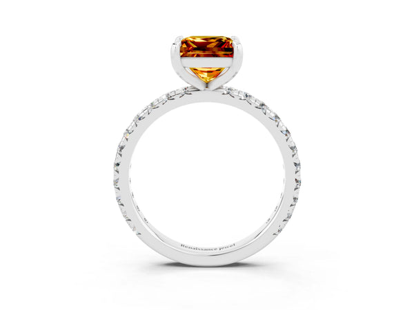 White gold Princess Cut Citrine Pavé Solitaire Ring with Round Band and Prong Setting