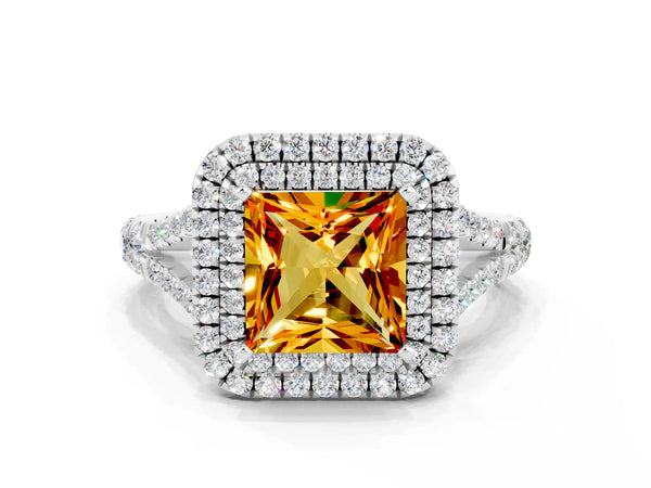 Platinum Princess Cut Citrine Pavé Split Shank Double Halo Engagement Ring