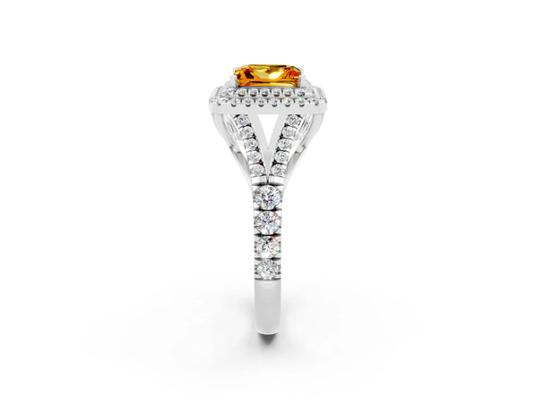 Platinum Princess Cut Citrine Pavé Split Shank Double Halo Engagement Ring