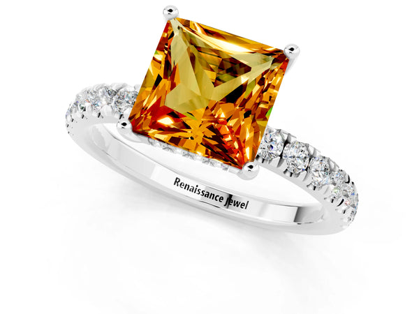 Platinum Princess Cut Citrine Pave Band Solitaire Ring with Round  and Prong Setting