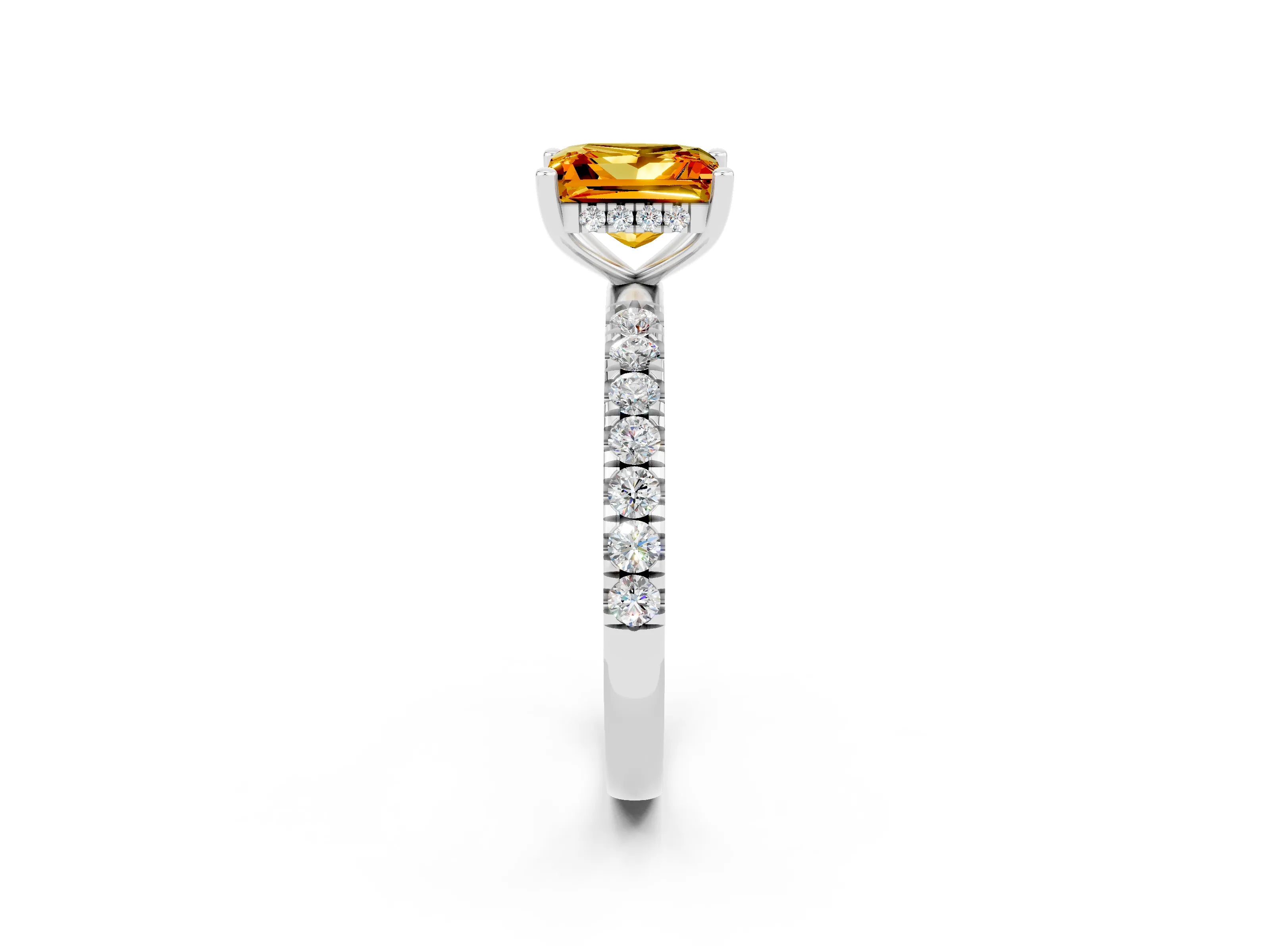 White gold Princess Cut Citrine Pave Band Solitaire Ring with Four-Prong Setting_26