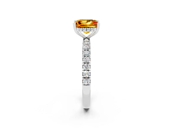 Silver Princess Cut Citrine Pave Band Solitaire Ring with Round  and Prong Setting