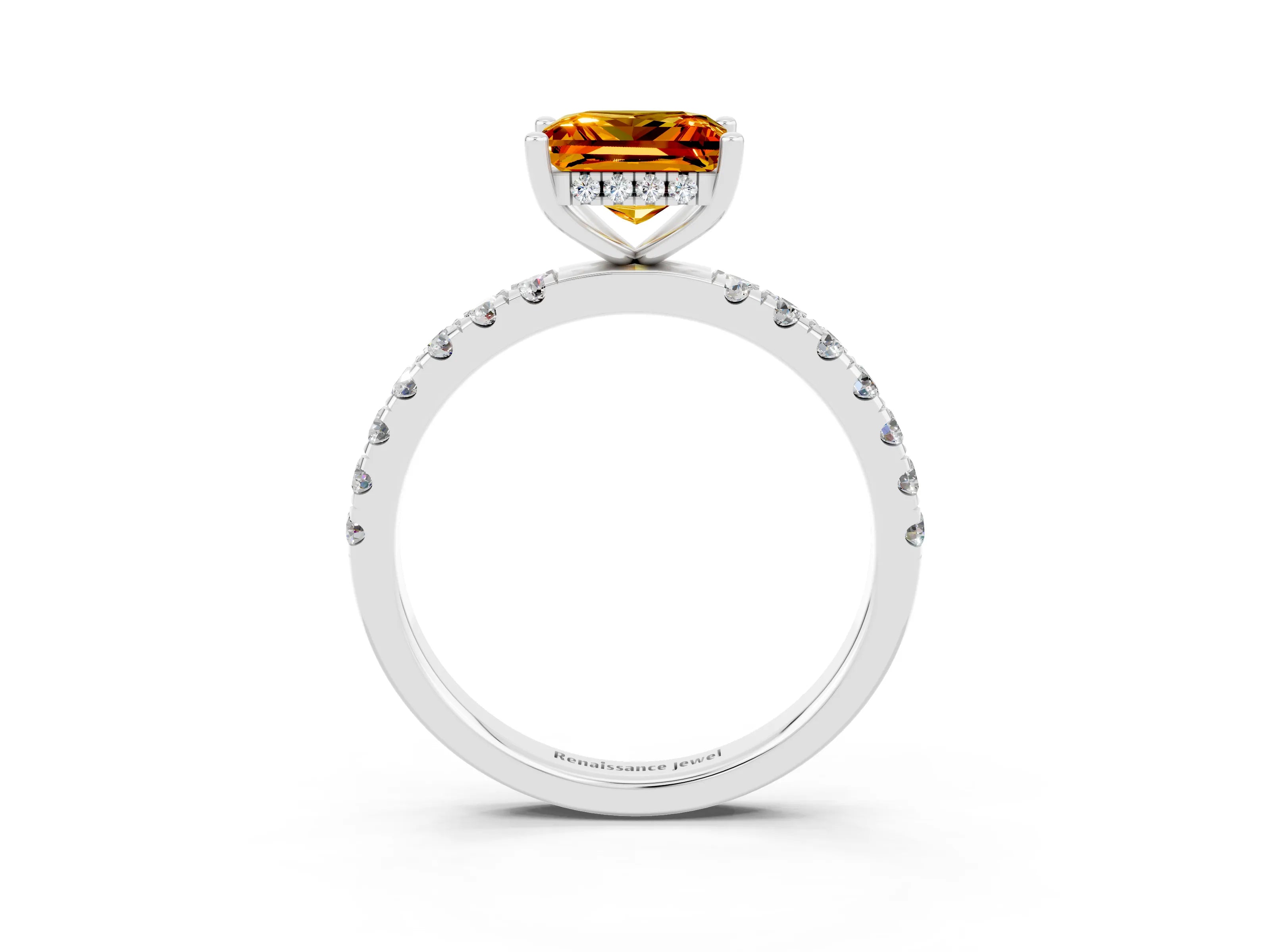 White gold Princess Cut Citrine Pave Band Solitaire Ring with Four-Prong Setting_27