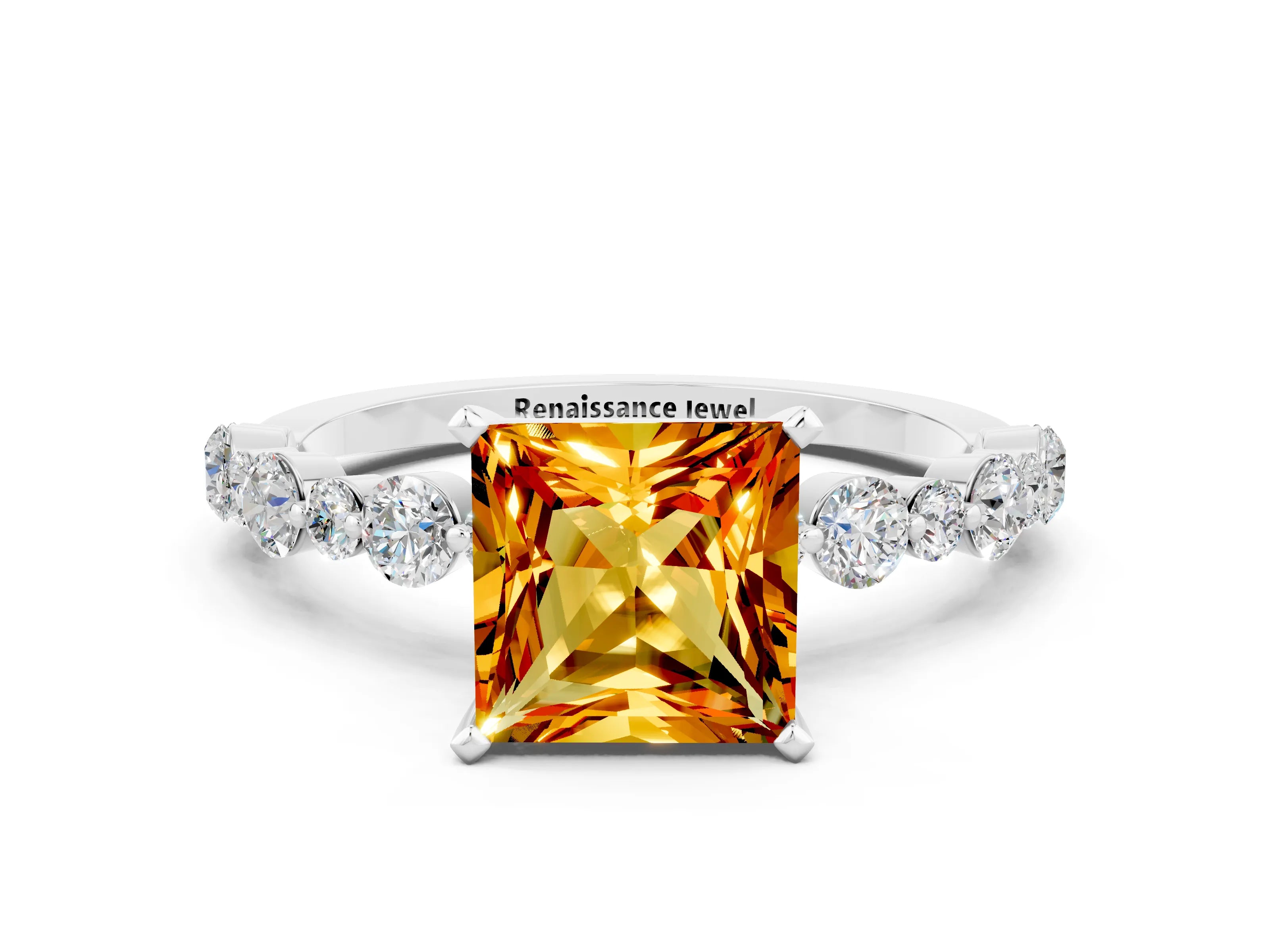 White gold Princess Cut Citrine Prong Set Engagement Ring with Pavé Band