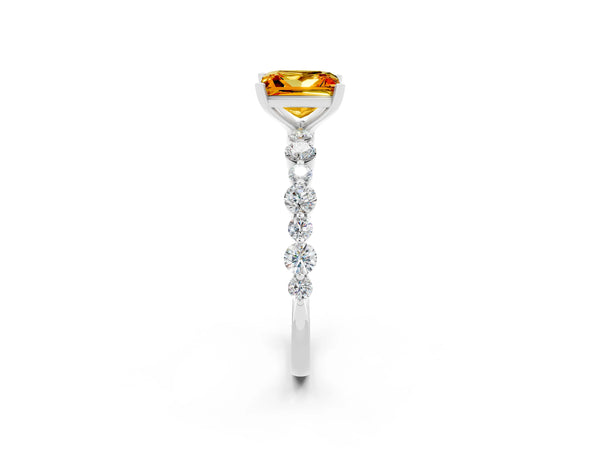 Platinum Princess Cut Citrine Prong Set Engagement Ring with Pavé Band