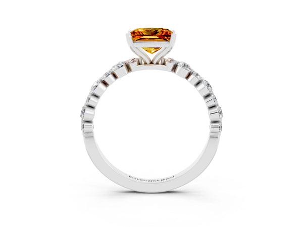 Platinum Princess Cut Citrine Prong Set Engagement Ring with Pavé Band
