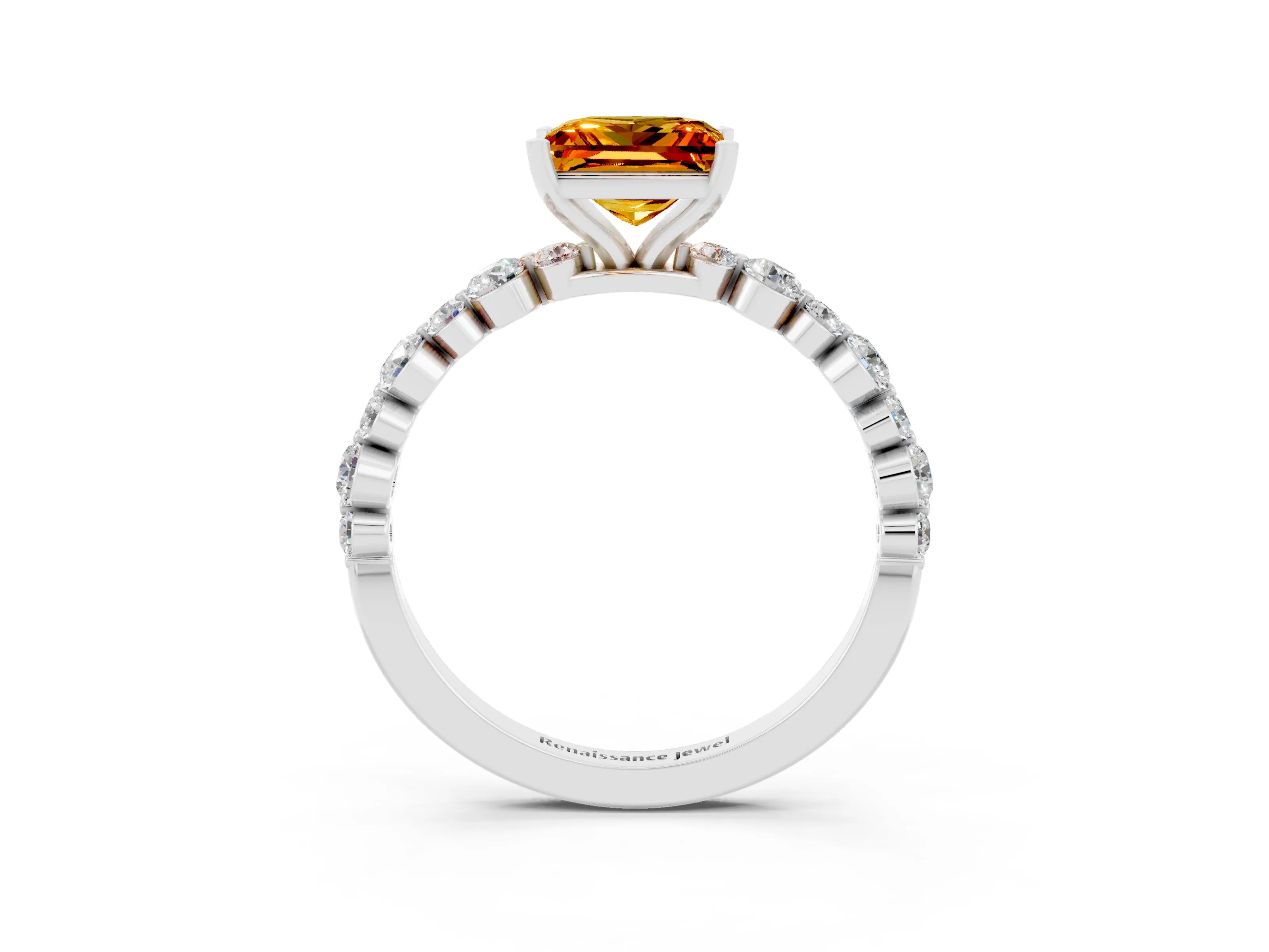 White gold Princess Cut Citrine Prong Set Engagement Ring with Pavé Band_3