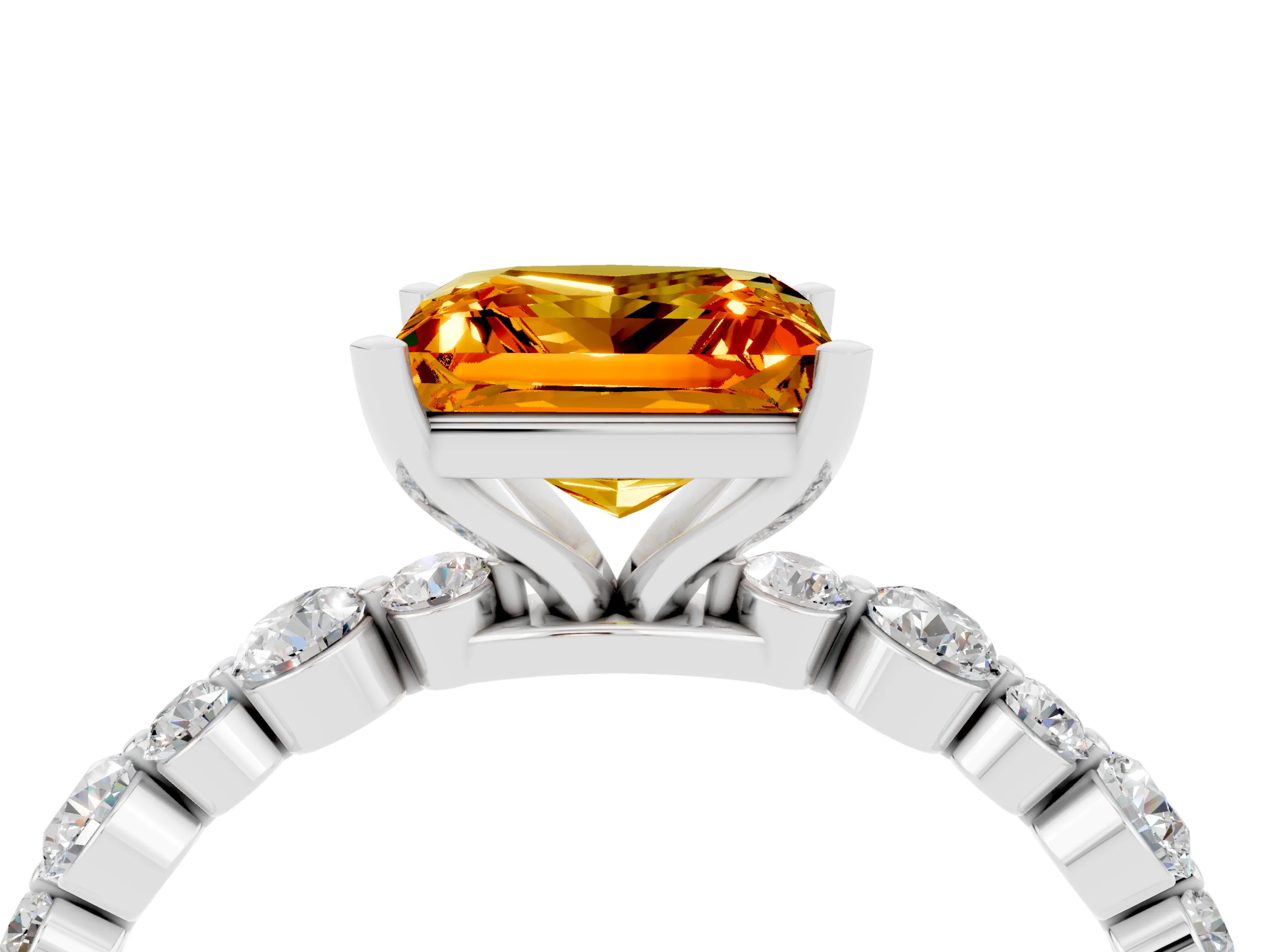 White gold Princess Cut Citrine Prong Set Engagement Ring with Pavé Band_4