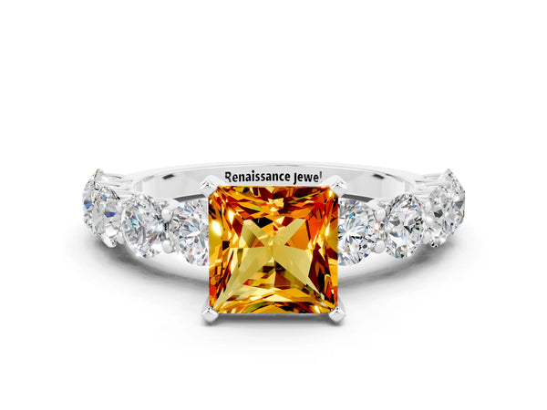 Platinum Princess Cut Citrine Prong Setting with Side Stones on a Pave Band