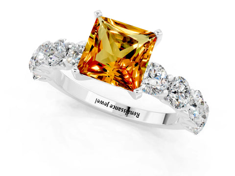 White gold Princess Cut Citrine Prong Setting with Side Stones on a Pave Band_1