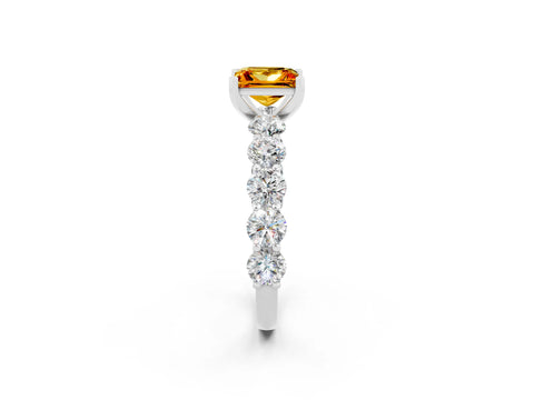 White gold Princess Cut Citrine Prong Setting with Side Stones on a Pave Band_2