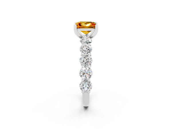 White gold Princess Cut Citrine Prong Setting with Side Stones on a Pave Band