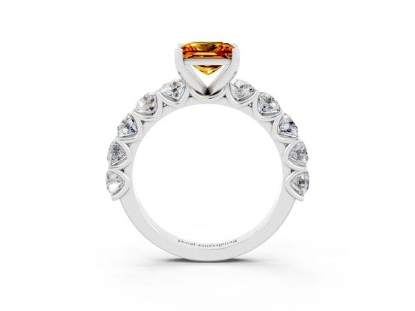 White gold Princess Cut Citrine Prong Setting with Side Stones on a Pave Band
