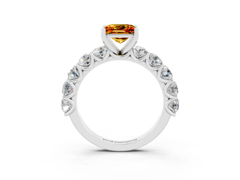 White gold Princess Cut Citrine Prong Setting with Side Stones on a Pave Band_3