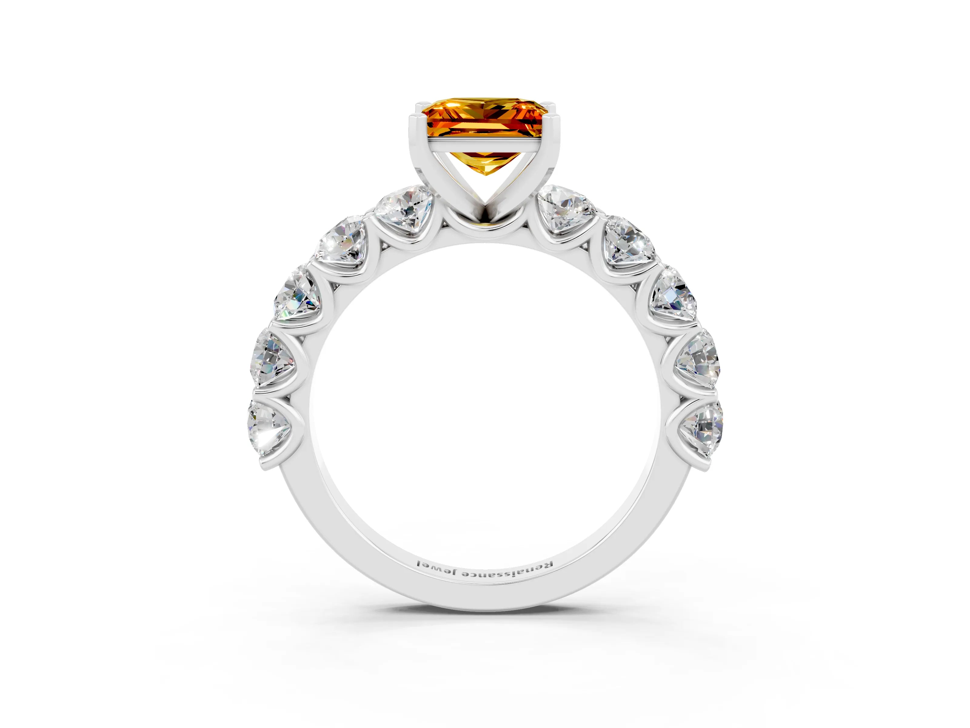 White gold Princess Cut Citrine Prong Setting with Side Stones on a Pave Band_3