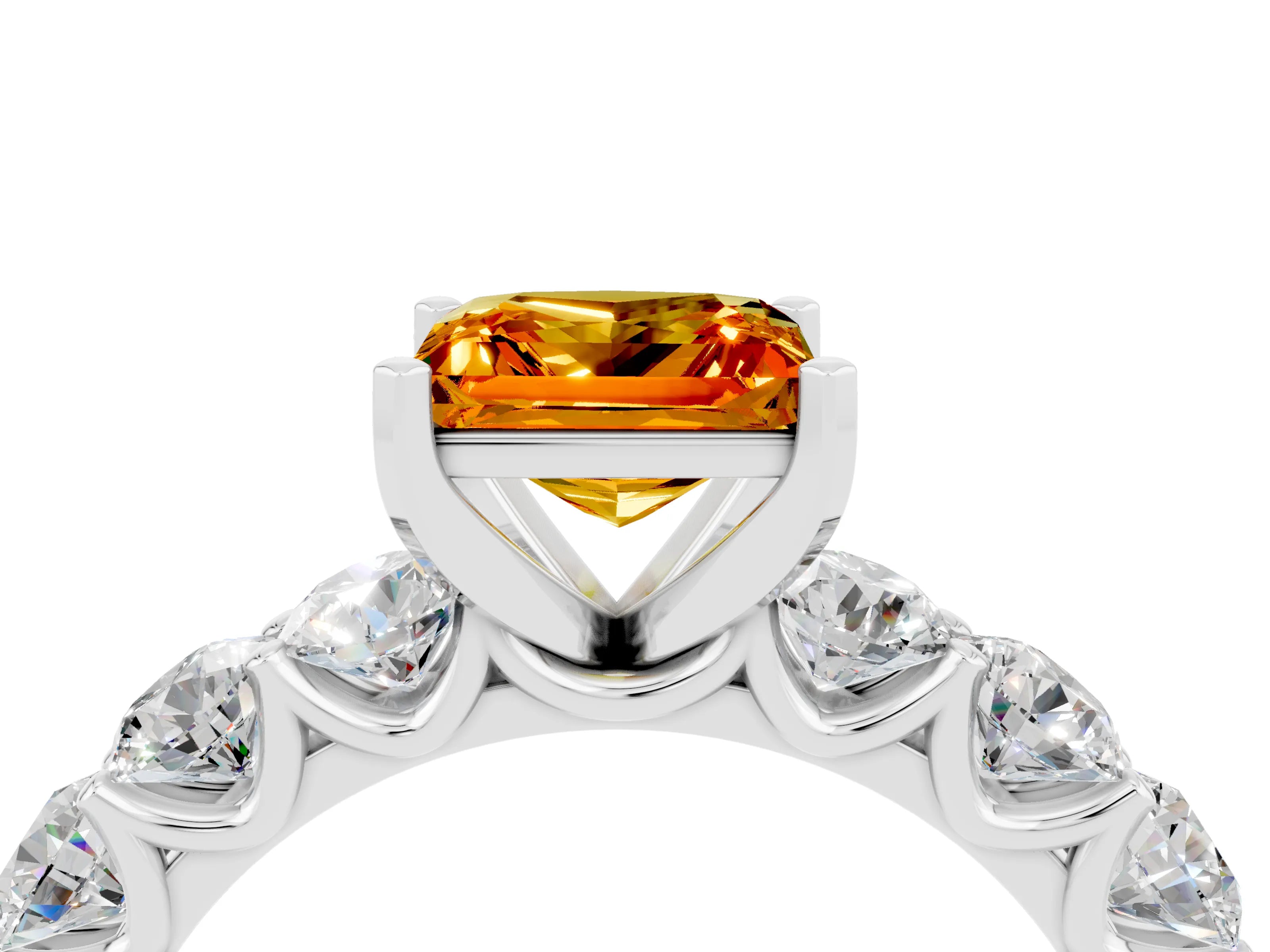White gold Princess Cut Citrine Prong Setting with Side Stones on a Pave Band_4