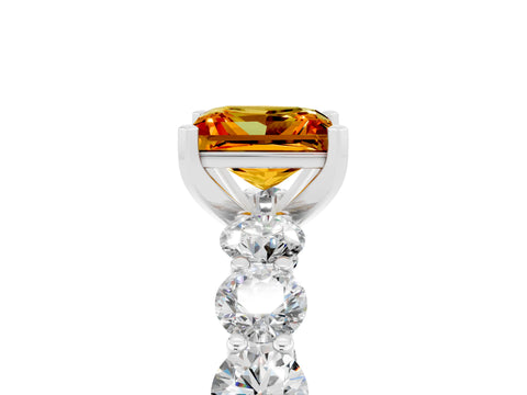 White gold Princess Cut Citrine Prong Setting with Side Stones on a Pave Band_5