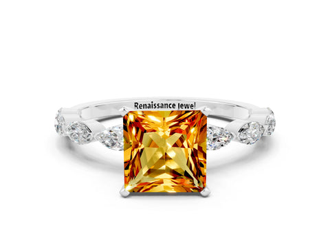 White gold Princess Cut Citrine Ring with Marquise Side Stones and Prong Setting