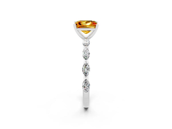 Platinum Princess Cut Citrine Ring with Marquise Side Stones and Prong Setting