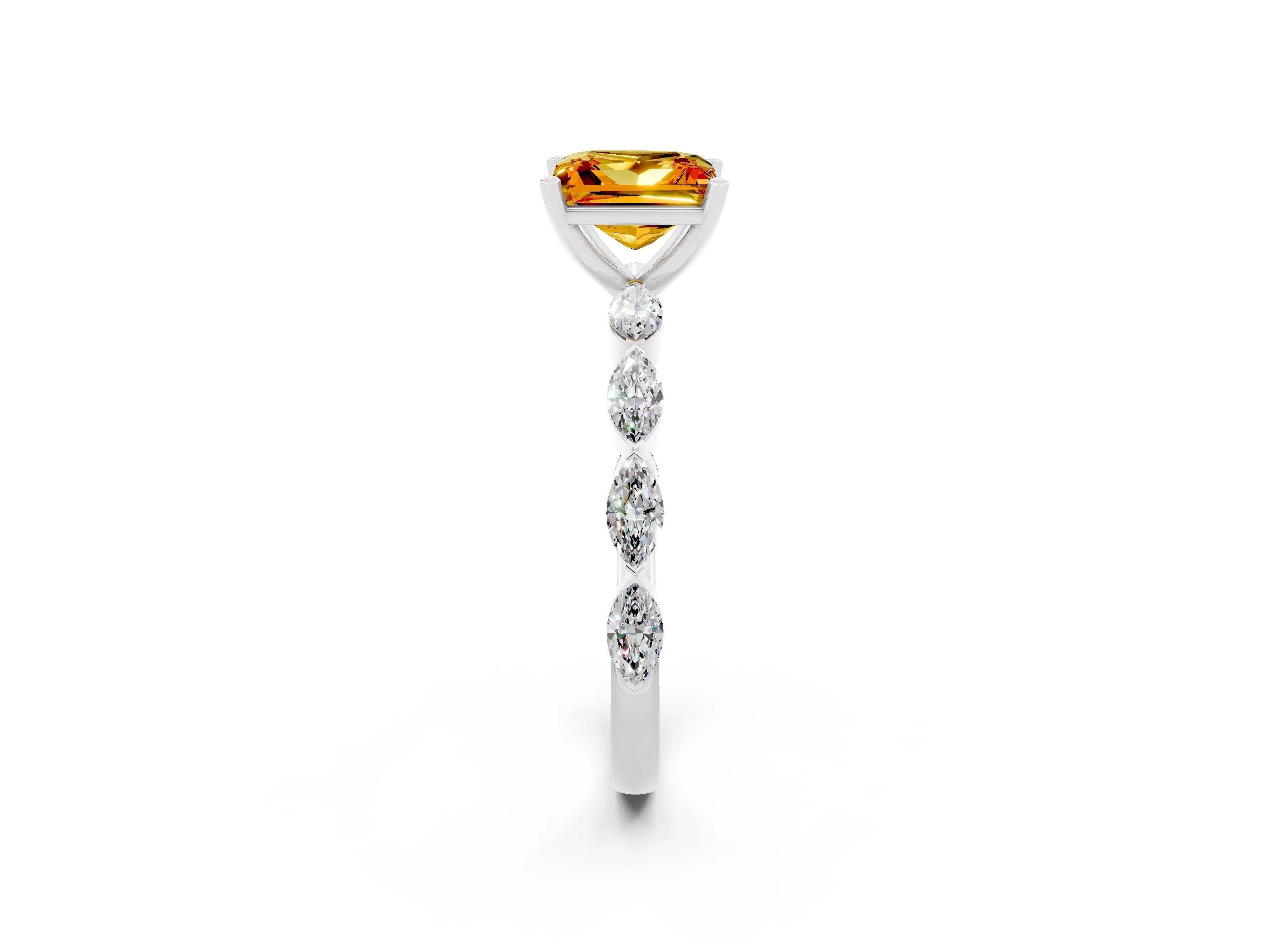White gold Princess Cut Citrine Ring with Marquise Side Stones and Prong Setting_2